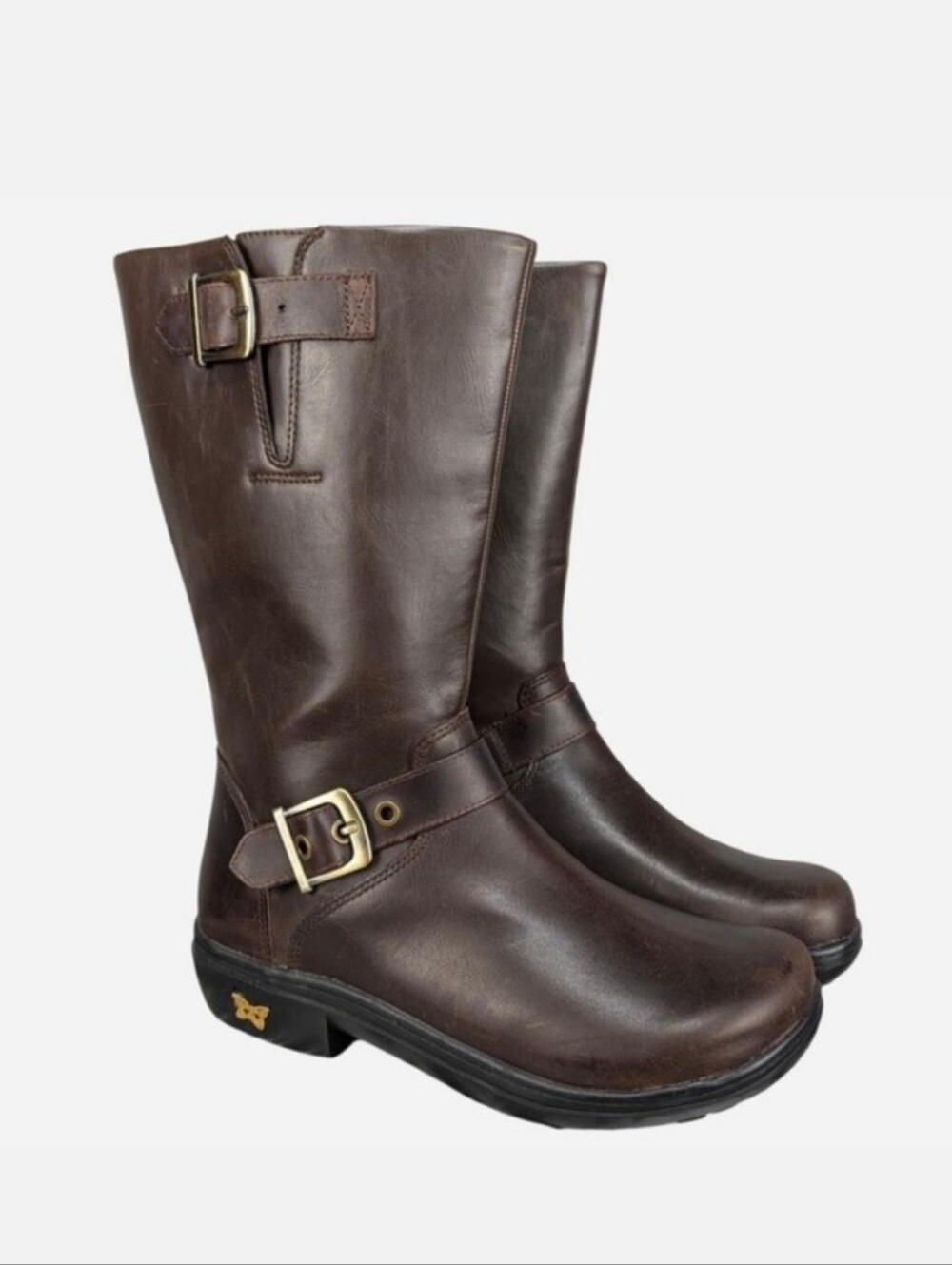 Alegria Brown Leather Moto Buckle Boots Mid Calf Side Zip EU 38 US 8-8.5